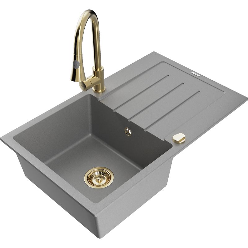 Mexen Bruno granitový dřez 1-komorový s odkapávačem a kuchyňskou baterií Elia, šedý - 6513-71-670101-50