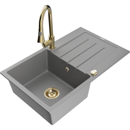 Mexen Bruno granitový dřez 1-komorový s odkapávačem a kuchyňskou baterií Elia, šedý - 6513-71-670101-50
