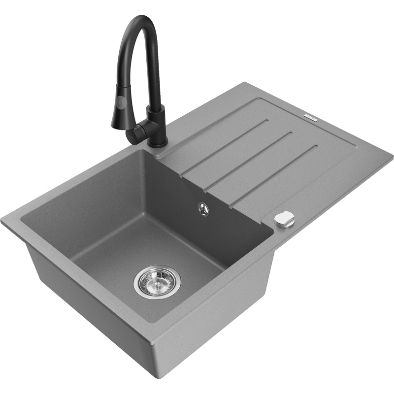 Mexen Bruno granitový dřez s 1 komorou, odkapávačem a kuchyňskou baterií Elia, šedý - 6513-71-670101-70