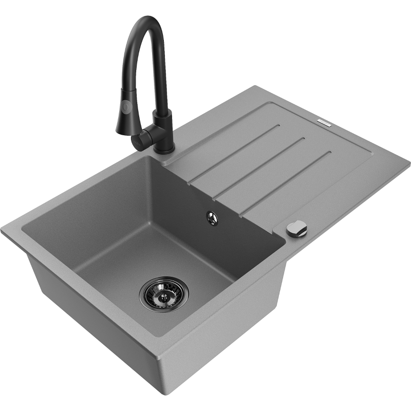 Mexen Bruno granitový dřez 1-komorový s odkapávačem a kuchyňskou baterií Elia, šedý - 6513-71-670101-70-B