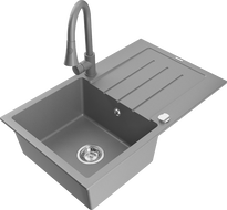 Mexen Bruno granitový dřez s jednou komorou s odkapávačem a kuchyňskou baterií Elia, šedý - 6513-71-670101-71