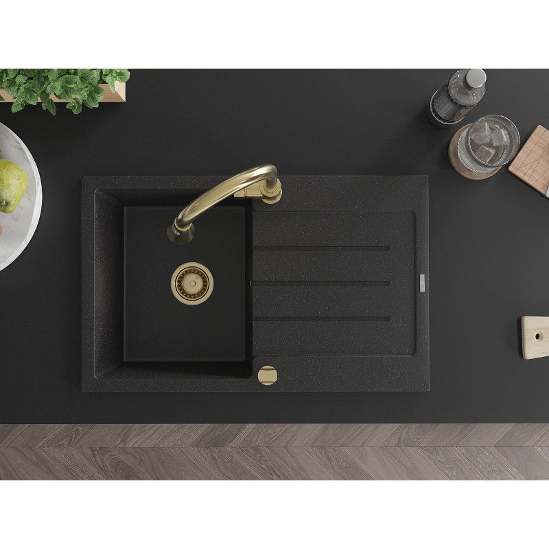 Mexen Bruno granitový dřez 1-komorový s odkapávačem a kuchyňskou baterií Elia, černý/stříbrný metalik - 6513-73-670101-50