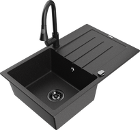 Mexen Bruno žulový dřez 1-komorový s odkapávačem a kuchyňskou baterií Elia, černý/stříbrný metalik - 6513-73-670101-70-B