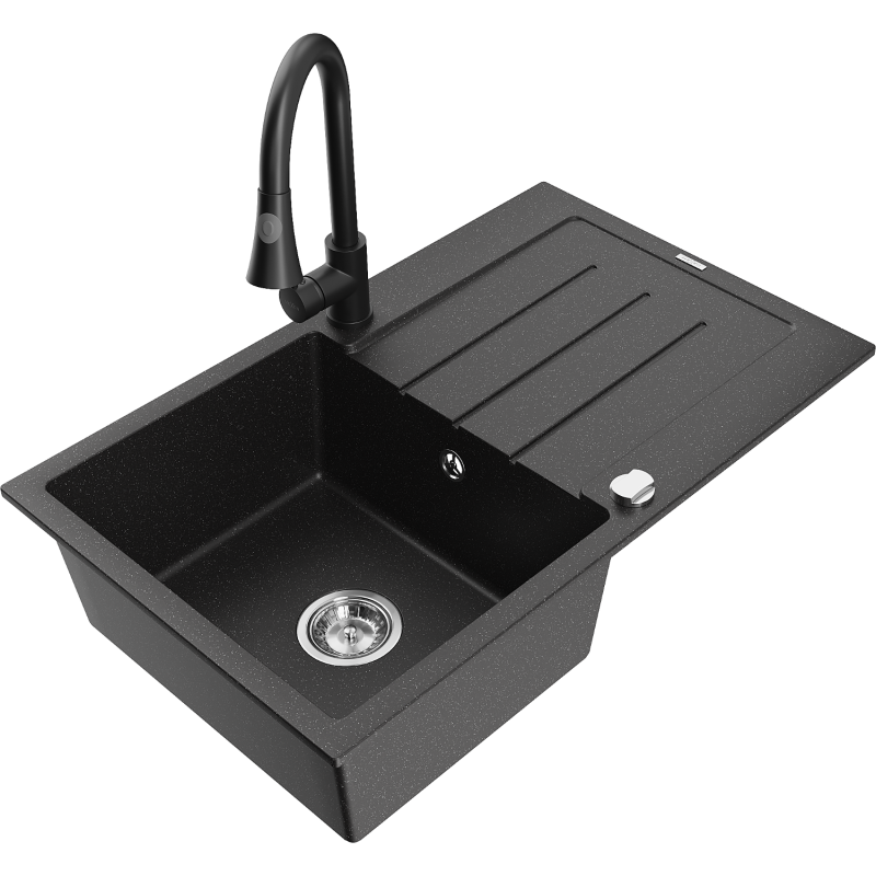 Mexen Bruno granitový dřez 1-komorový s odkapávačem a kuchyňskou baterií Elia, černý/stříbrný metalik - 6513-73-670101-70