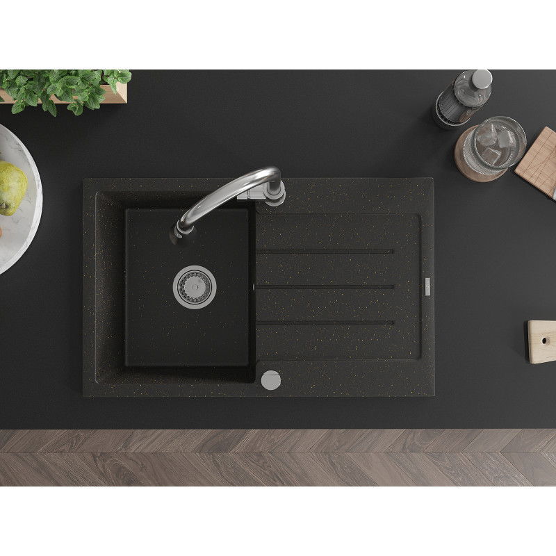 Mexen Bruno granitový dřez s jednou komorou a odkapávačem a kuchyňskou baterií Elia, černý/zlatý metalik - 6513-75-670101-00