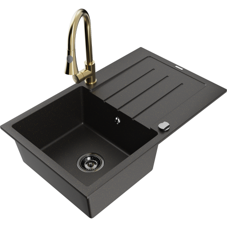Mexen Bruno granitový dřez 1-komorový s odkapávačem a kuchyňskou baterií Elia, černý/zlatý metalik - 6513-75-670101-50-B