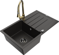 Mexen Bruno granitový dřez 1-komorový s odkapávačem a kuchyňskou baterií Elia, černý/zlatý metalik - 6513-75-670101-50-B