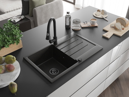 Mexen Bruno granitový dřez 1-komorový s odkapávačem a kuchyňskou baterií Elia, černý/zlatý metalik - 6513-75-670101-70-B