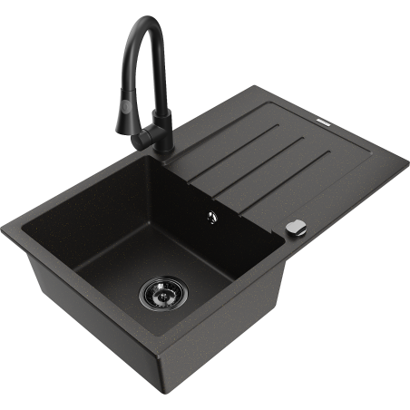 Mexen Bruno granitový dřez 1-komorový s odkapávačem a kuchyňskou baterií Elia, černý/zlatý metalik - 6513-75-670101-70-B