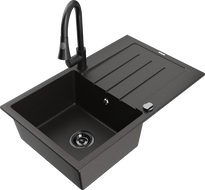 Mexen Bruno granitový dřez 1-komorový s odkapávačem a kuchyňskou baterií Elia, černý/zlatý metalik - 6513-75-670101-70-B