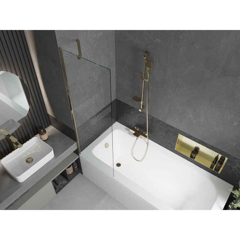 Mexen Vega obdélníková vana 180 x 80 cm s krytem a 1křídlou zástěnou 60 cm, průhledná, zlatá - 550118080X9506000050