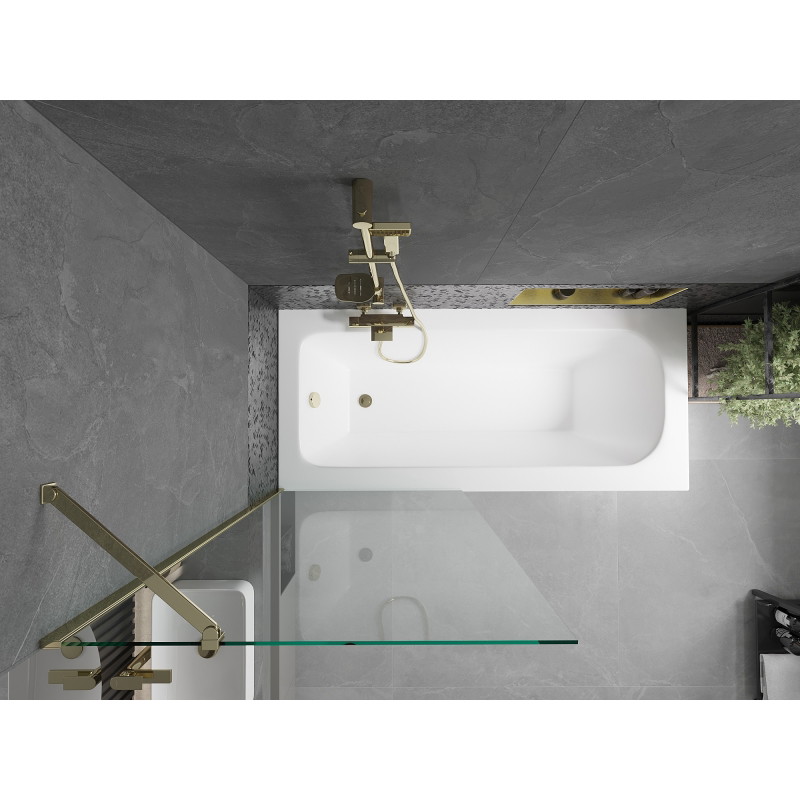 Mexen Vega obdélníková vana 150 x 70 cm s přední stěnou a jednokřídlou zástěnou 80 cm, transparentní, zlatá