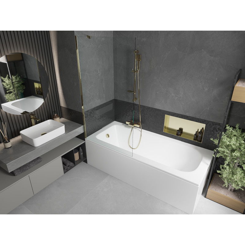 Mexen Vega obdélníková vana 180 x 80 cm s krytem a 1-křídlovou zástěnou 90 cm, transparentní, zlatá - 550118080X9509000050