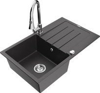 Mexen Bruno granitový dřez 1-komorový s odkapávačem a kuchyňskou baterií Elia, černý skvrnitý - 6513-76-670101-00