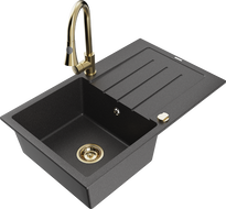 Mexen Bruno granitový dřez 1-komorový s odkapávačem a kuchyňskou baterií Elia, černý skvrnitý - 6513-76-670101-50