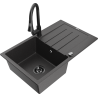 Mexen Bruno granitový dřez 1-komorový s odkapávačem a kuchyňskou baterií Elia, černý kropenatý - 6513-76-670101-70-B