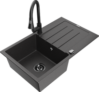 Mexen Bruno granitový dřez 1-komorový s odkapávačem a kuchyňskou baterií Elia, černý kropenatý - 6513-76-670101-70-B