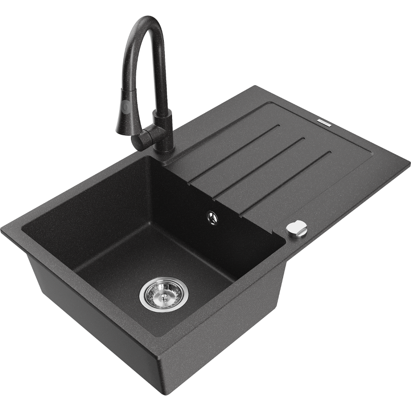 Mexen Bruno žulový dřez s 1-komorou a odkapávačem s kuchyňskou baterií Elia, černý tečkovaný - 6513-76-670101-76