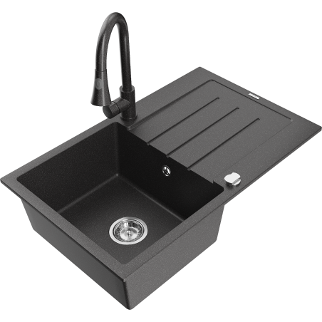 Mexen Bruno žulový dřez s 1-komorou a odkapávačem s kuchyňskou baterií Elia, černý tečkovaný - 6513-76-670101-76