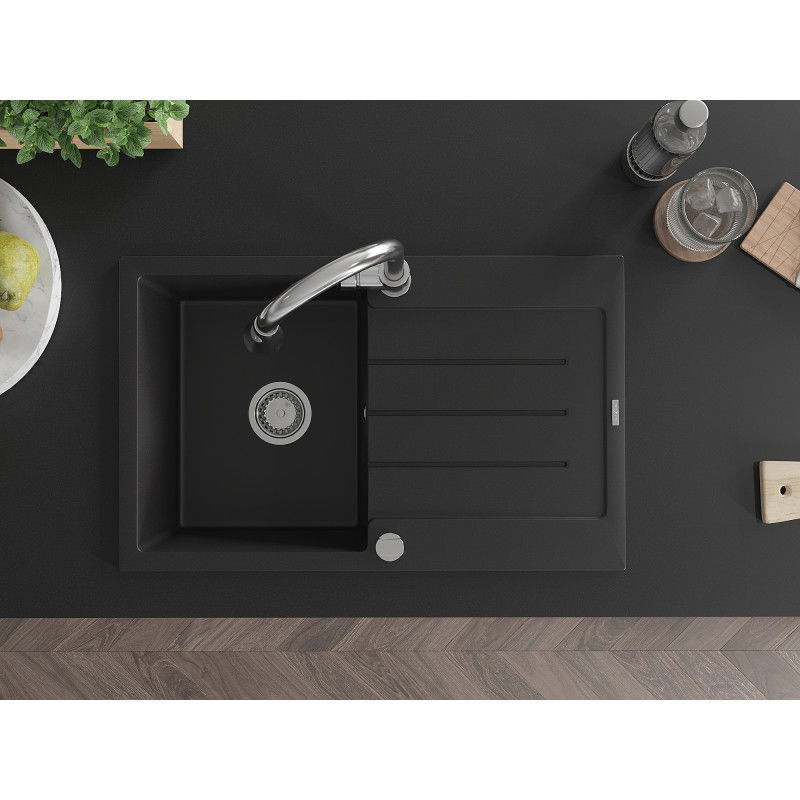 Mexen Bruno žulový dřez s 1 komorou a odkapávačem a kuchyňskou baterií Elia, černá - 6513-77-670101-00