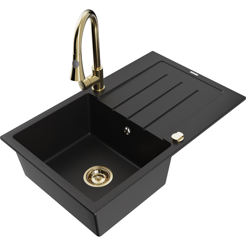 Mexen Bruno granitový dřez 1-komorový s odkapávačem a kuchyňskou baterií Elia, černý - 6513-77-670101-50