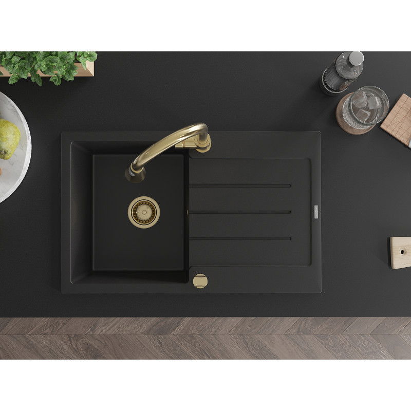 Mexen Bruno granitový dřez 1-komorový s odkapávačem a kuchyňskou baterií Elia, černý - 6513-77-670101-50