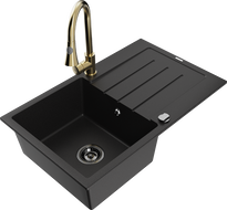 Mexen Bruno žulový dřez 1-komorový s odkapávačem a kuchyňskou baterií Elia, černý - 6513-77-670101-50-B