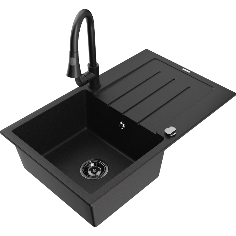 Mexen Bruno granitový dřez 1-komorový s odkapávačem a kuchyňskou baterií Elia, černý - 6513-77-670101-70-B