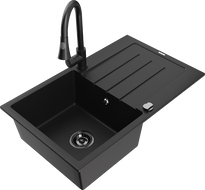 Mexen Bruno granitový dřez 1-komorový s odkapávačem a kuchyňskou baterií Elia, černý - 6513-77-670101-70-B
