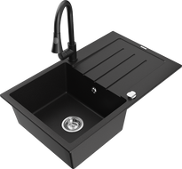 Mexen Bruno granitový dřez s 1 komorou, odkapávačem a kuchyňskou baterií Elia, černý - 6513-77-670101-70