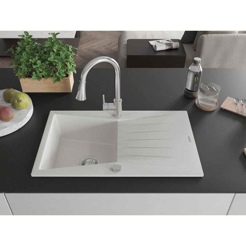 Mexen Cesar granitový dřez s 1 komorou a odkapávačem a kuchyňskou baterií Elia, bílý - 6514-20-670101-00