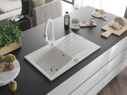 Mexen Cesar granitový dřez 1-komorový s odkapávačem a kuchyňskou baterií Elia, bílý - 6514-20-670101-20