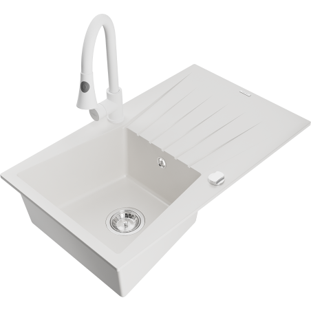 Mexen Cesar granitový jednodřez s odkapávačem a kuchyňskou baterií Elia, bílý - 6514-20-670101-20