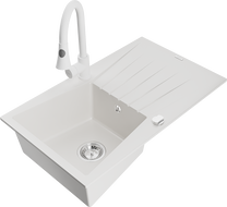 Mexen Cesar granitový dřez 1-komorový s odkapávačem a kuchyňskou baterií Elia, bílý - 6514-20-670101-20