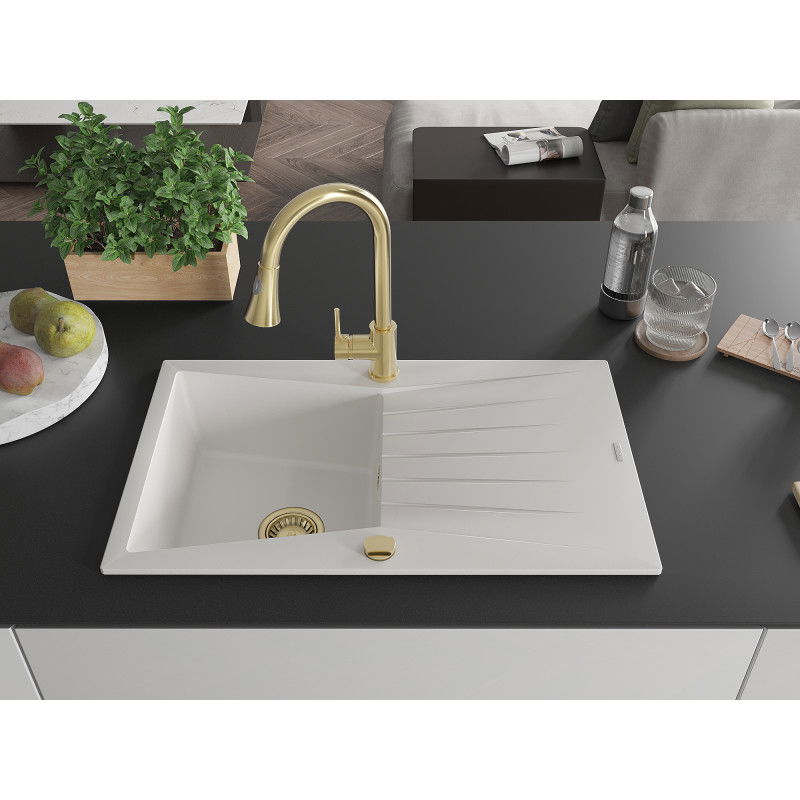 Mexen Cesar granitový dřez s 1 komorou a odkapávačem a kuchyňskou baterií Elia, bílý - 6514-20-670101-50