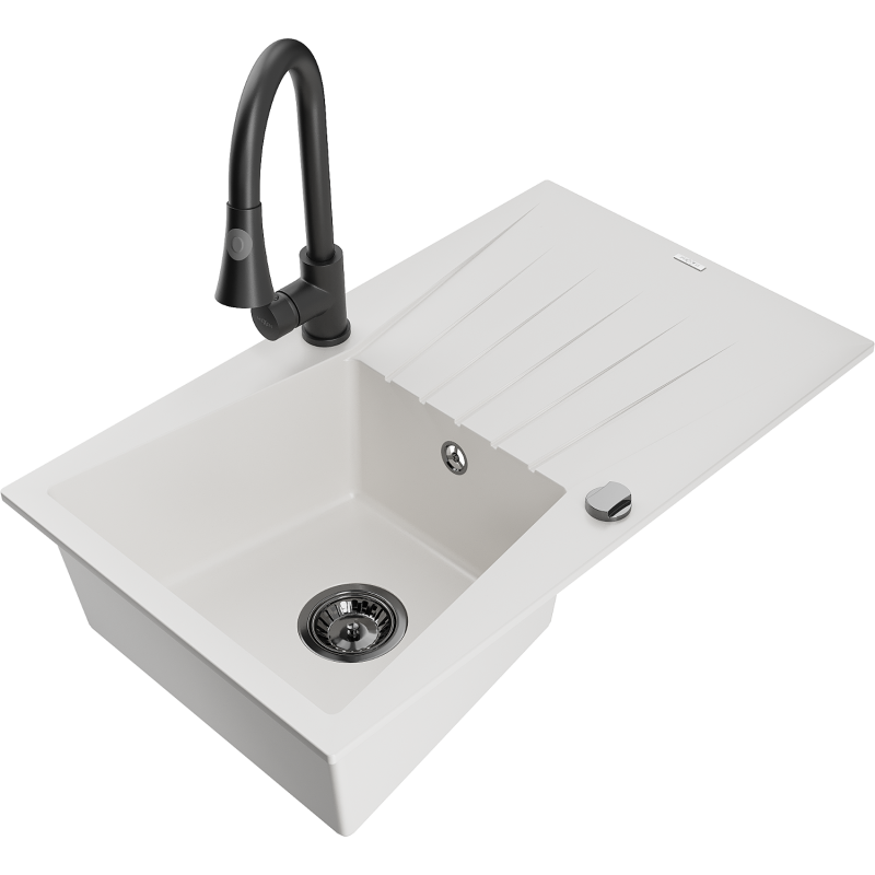 Mexen Cesar granitový dřez s 1 komorou, odkapávačem a kuchyňskou baterií Elia, bílý - 6514-20-670101-70