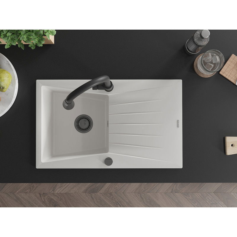 Mexen Cesar granitový dřez s 1 komorou, odkapávačem a kuchyňskou baterií Elia, bílý - 6514-20-670101-70