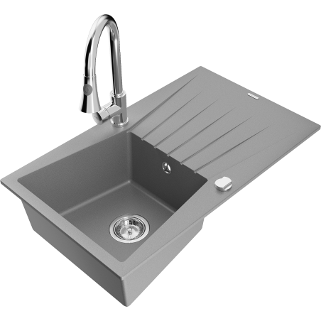 Mexen Cesar granitový dřez 1-komorový s odkapávačem a kuchyňskou baterií Elia, šedý - 6514-71-670101-00