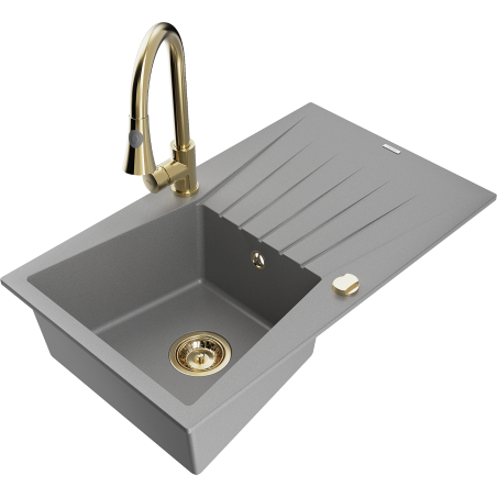 Mexen Cesar granitový dřez 1-komorový s odkapávačem a kuchyňskou baterií Elia, šedý - 6514-71-670101-50