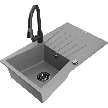 Mexen Cesar granitový dřez 1-komorový s odkapávačem a kuchyňskou baterií Elia, šedý - 6514-71-670101-70-B