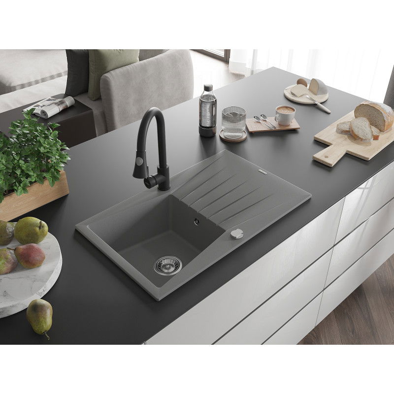 Mexen Cesar granitový dřez s 1 komorou a odkapávačem a kuchyňskou baterií Elia, šedý - 6514-71-670101-70