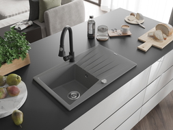 Mexen Cesar granitový dřez s 1 komorou a odkapávačem a kuchyňskou baterií Elia, šedý - 6514-71-670101-70