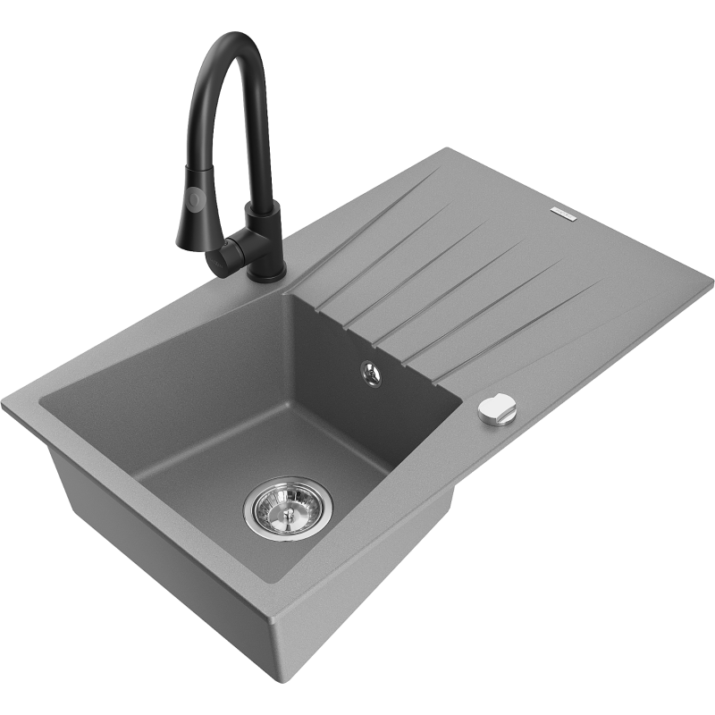 Mexen Cesar granitový dřez s 1 komorou a odkapávačem a kuchyňskou baterií Elia, šedý - 6514-71-670101-70