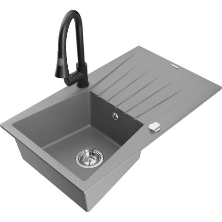 Mexen Cesar granitový dřez s 1 komorou a odkapávačem a kuchyňskou baterií Elia, šedý - 6514-71-670101-70