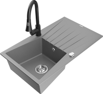 Mexen Cesar granitový dřez 1-komorový s odkapávačem a kuchyňskou baterií Elia, šedý - 6514-71-670101-70