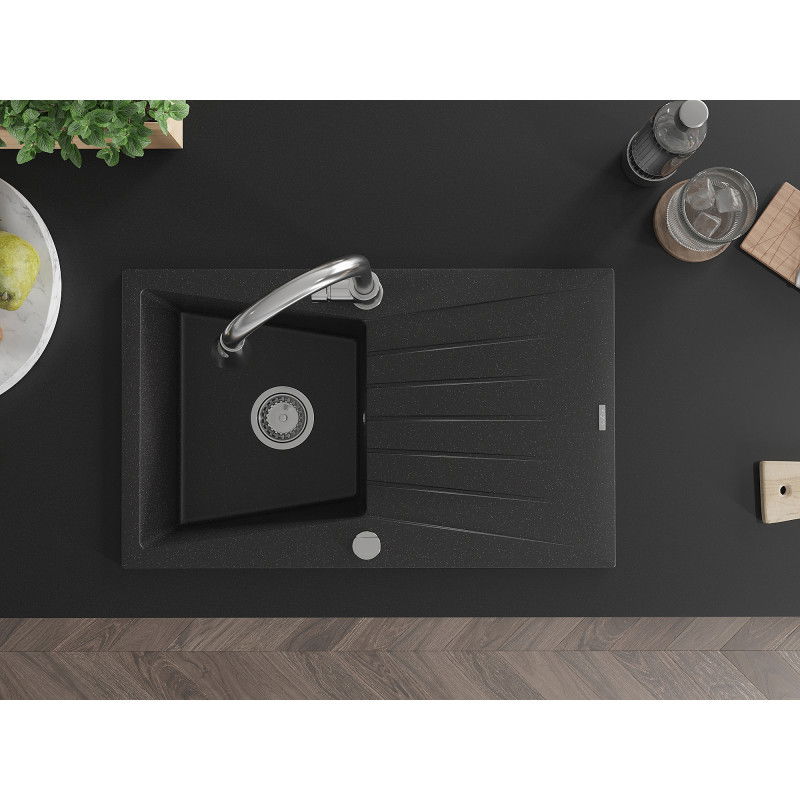 Mexen Cesar granitový dřez s jednou komorou, odkapávačem a kuchyňskou baterií Elia, černý/stříbrný metalík