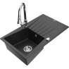 Mexen Cesar granitový dřez s jednou komorou, odkapávačem a kuchyňskou baterií Elia, černý/stříbrný metalík