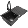 Mexen Cesar žulový dřez s 1 komorou s odkapávačem a kuchyňskou baterií Elia, černý/stříbrný metalík - 6514-73-670101-70
