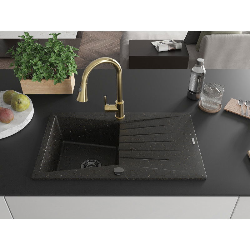 Mexen Cesar granitový dřez s 1 komorou s odkapávačem a kuchyňskou baterií Elia, černý/zlatý metalický - 6514-75-670101-50-B