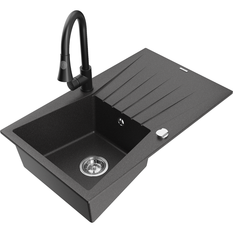 Mexen Cesar granitový dřez 1-komorový s odkapávačem a kuchyňskou baterií Elia, černý tečkovaný - 6514-76-670101-70